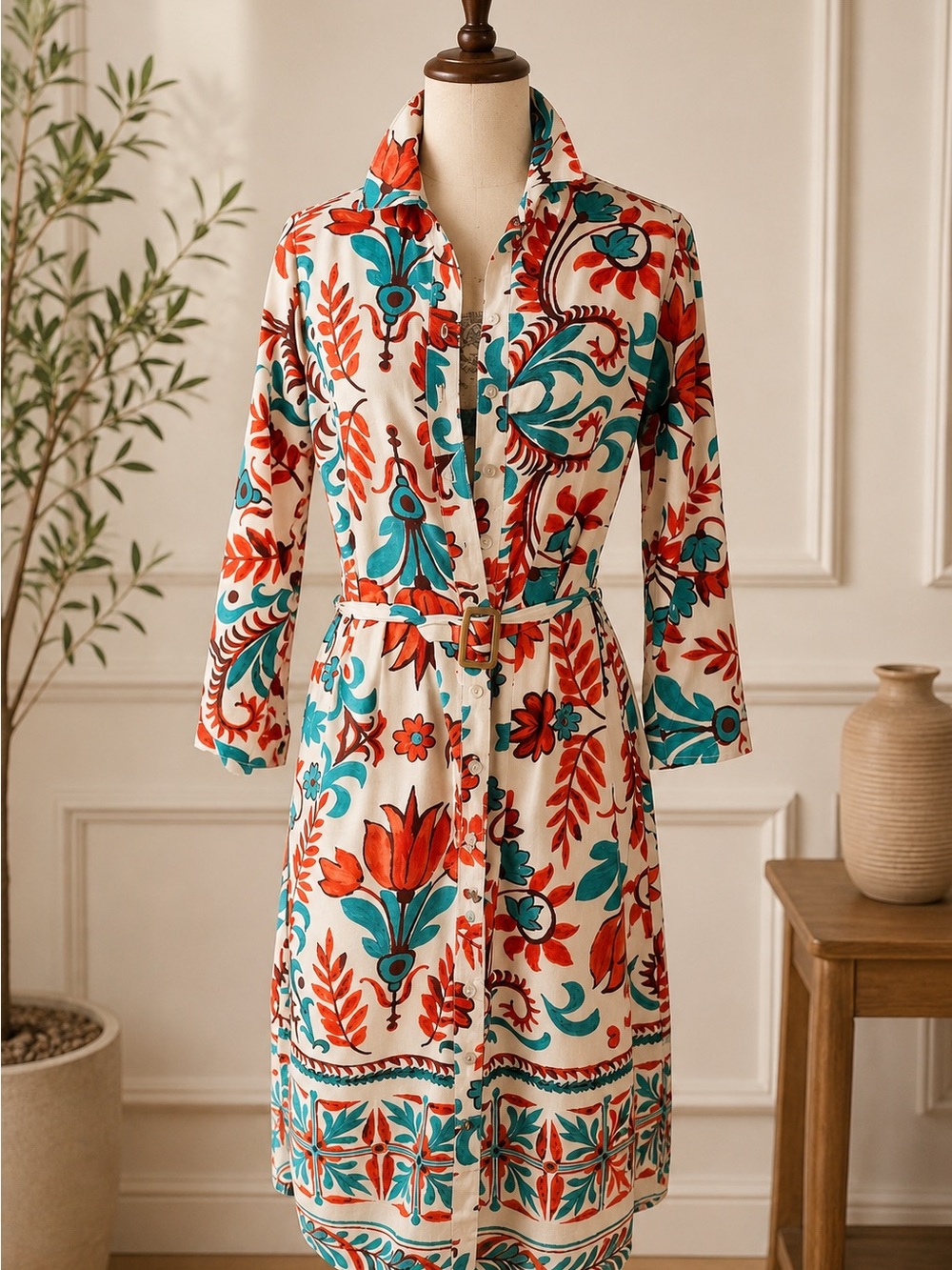 Anthropologie Linen Blend Floral Long-Sleeve Shirt Dress in Cream, Teal & Red